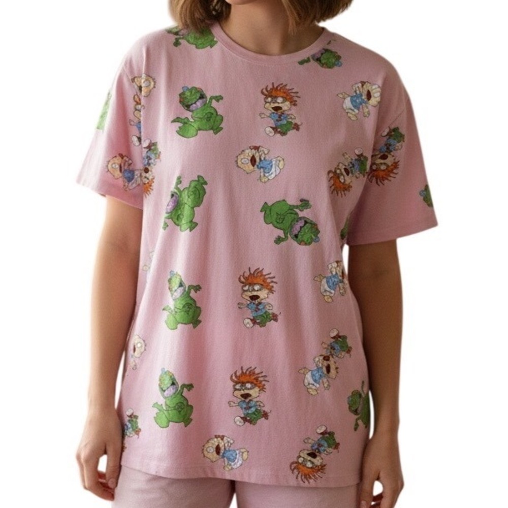 Nickelodeon Rugrats All Over Print Pink T Shirt Size L Chuckie Reptar